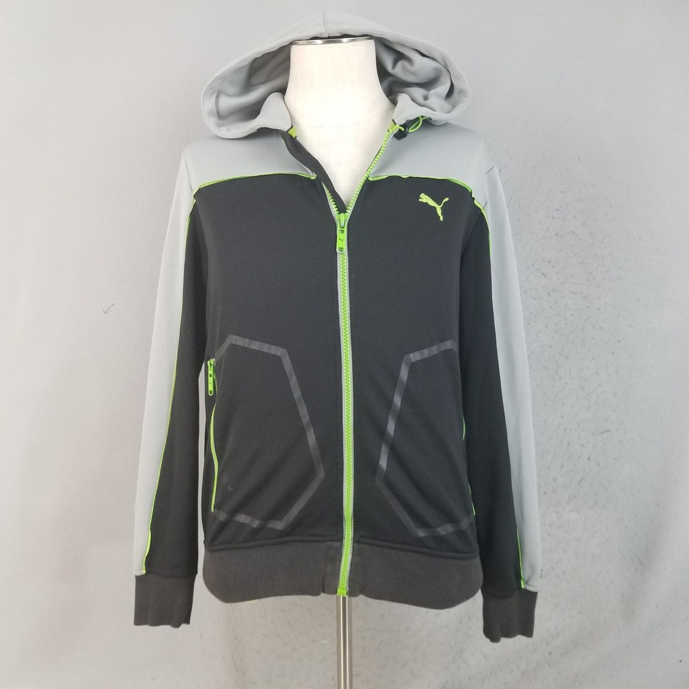Puma Hoodie Mens Medium Black Grey Puma Full Zip‎ Neon Green Athletic Sweatshirt